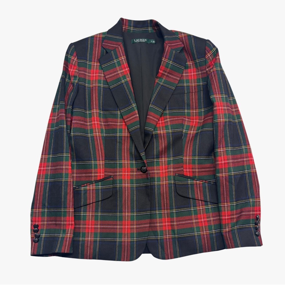 Ralph Lauren L 14 Red Black Tartan Plaid Blazer Suit Jacket Equestrian Holiday
